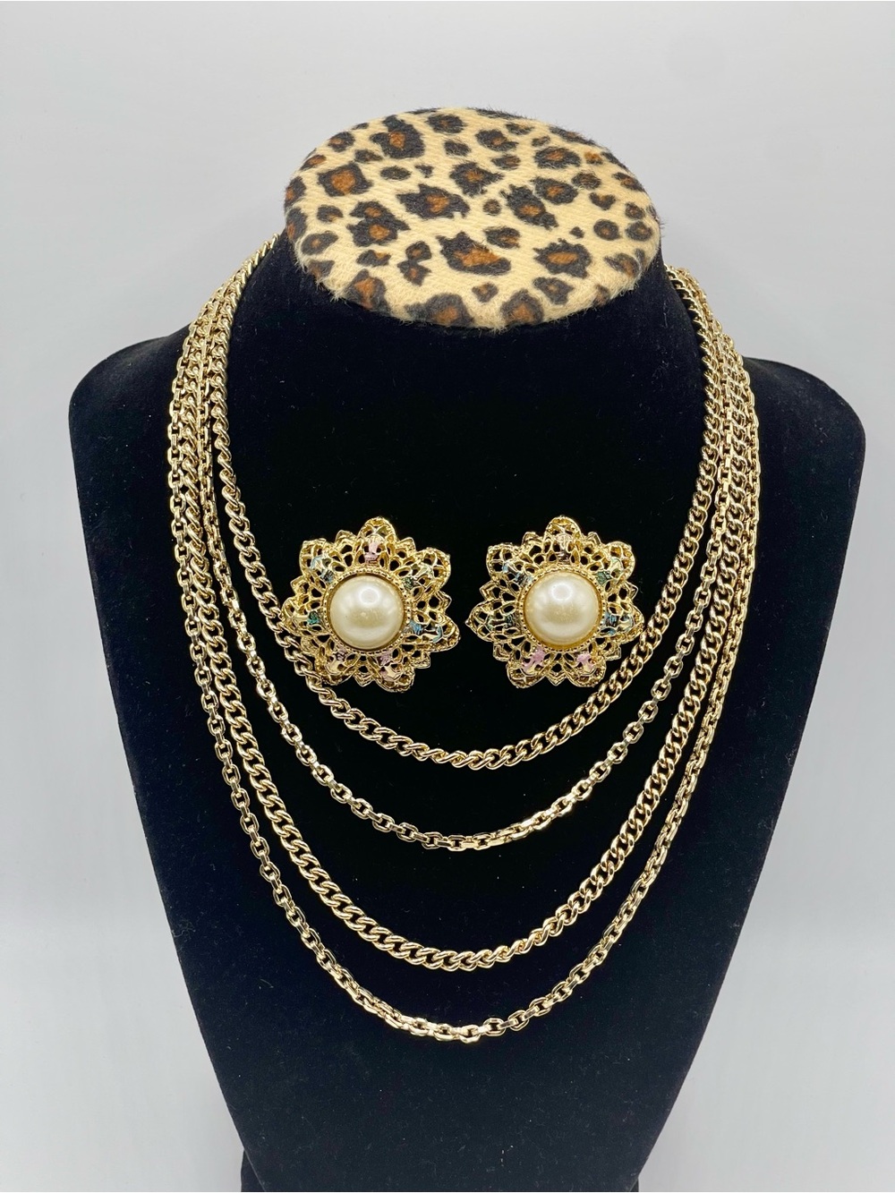 Gold-Tone Multi-Layer Chain Necklace with Faux Pearl Floral Earrings Combo Set
